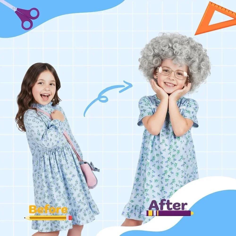 Old Lady Wig Costume Set for Women Gray Hair Granny Cosplay Halloween Party